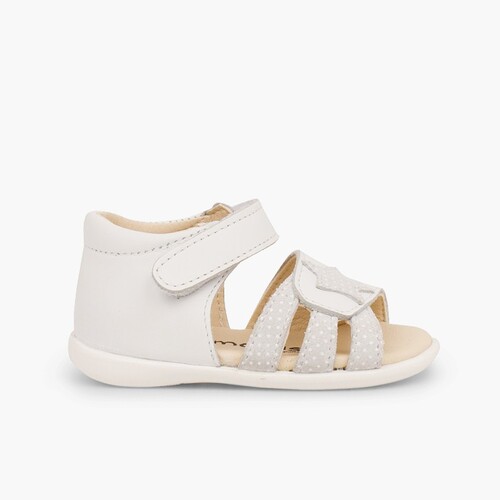 Sandales en cuir pour premiers pas pour fille en à scratch et étoile Blanc