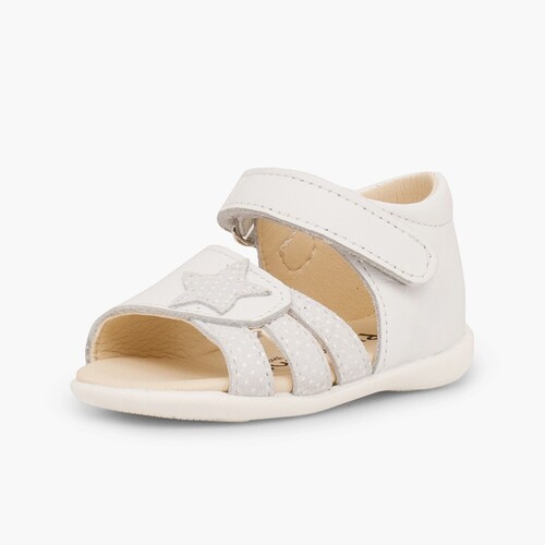 Sandales en cuir pour premiers pas pour fille en à scratch et étoile Blanc
