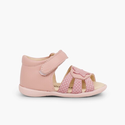 Sandales en cuir pour premiers pas pour fille en à scratch et étoile Rose