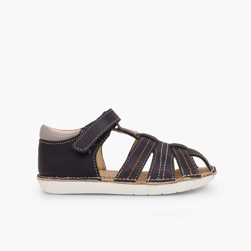 Sandales en cuir pour garçon avec du à scratch Bleu Marine