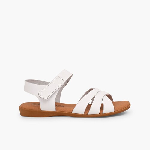 Sandale fille cuir bandes croisées fermeture à scratch Blanc