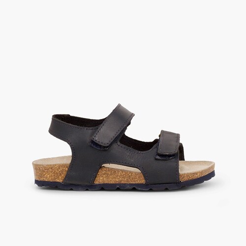 Sandales en cuir bio pour enfant double à scratch Bleu Marine