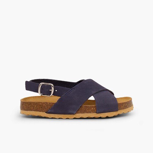 Sandales enfant et femme à brides croisées en nobuck Bleu Marine
