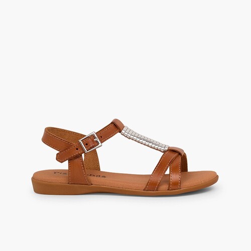 Sandales semelle rembourrée et ornement argenté Couleur Cuir