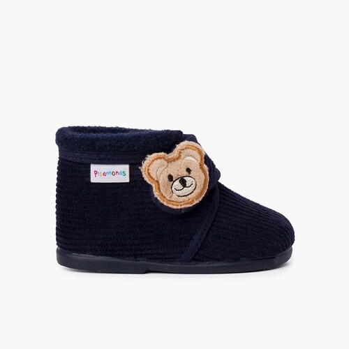 Chaussons Bottes Enfant en Velours Côtelé Ours Bleu Marine