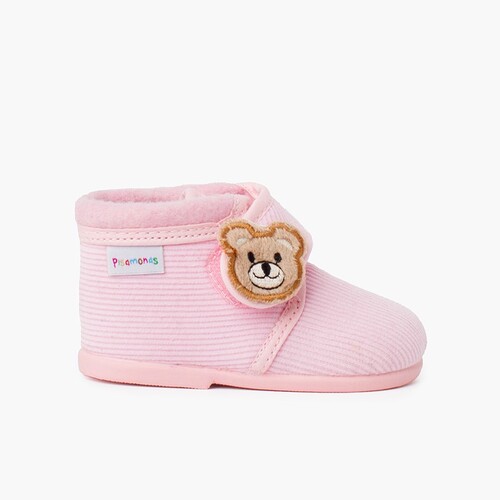 Chaussons Bottes Enfant en Velours Côtelé Ours Rose