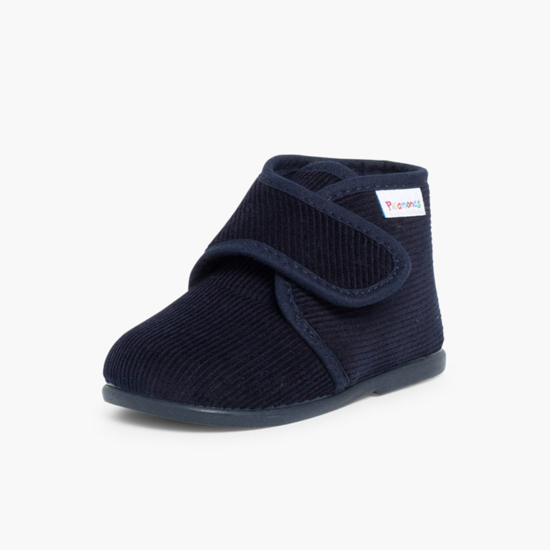 Chaussons en Velours Côtelé à Scratch  Bleu Marine